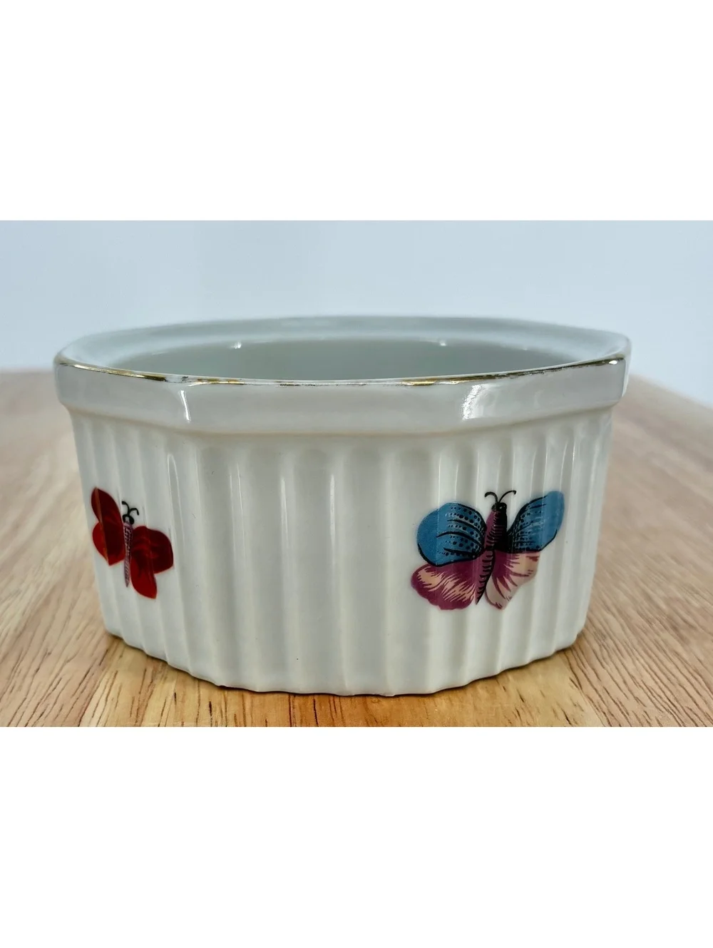 Vintage Mid Century Strawberry & Butterfly Porcelain Ramekin Gold Trim Japan